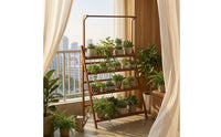 Ladder Plant Stand with Hanging Rod Indoor Plant Stand with Folding Design Wooden Stepped Flower Rack for Gardeners