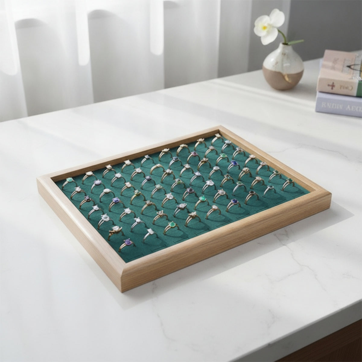 Jewelry Display Tray with Band Slots Wooden Band Tray with Slots Wood-Grain for Collectors, Jewelers, Dresser, Countertop, Boutique