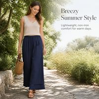 Women's Tencel Linen Cotton Blend Wide-Leg Pants with Ruffle Trim