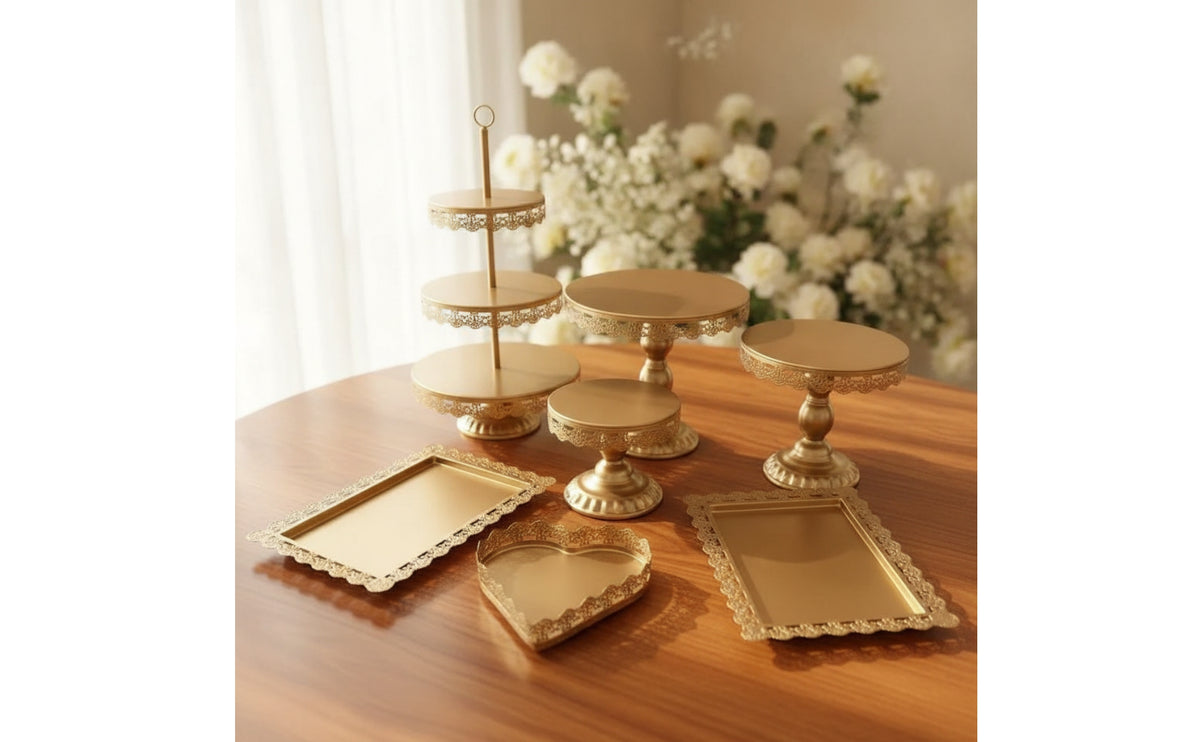 7 Pieces Dessert Table Display Tiered Three-Tier Stand Loop Handle Ornate Serving Pieces for Brides