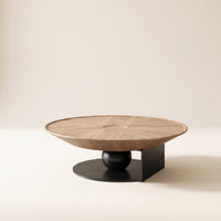Round Wood Coffee Table Low-Profile Round Coffee Table Sculptural Furniture for Living Room, Lounge Area, Apartment