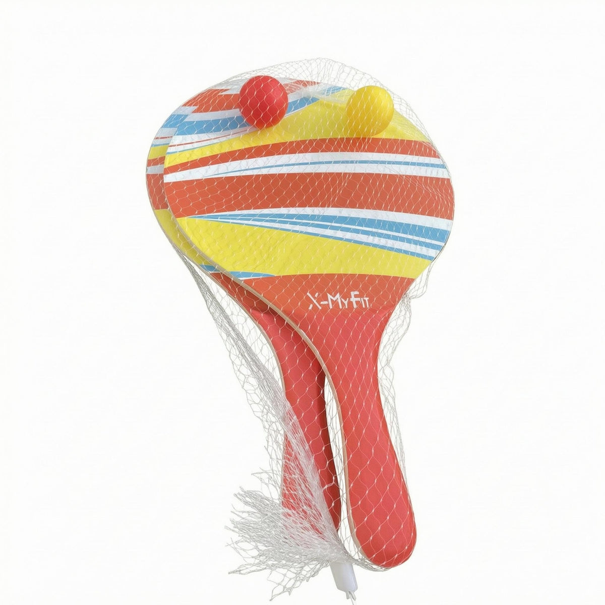 2 Pieces Multicolor Beach Bat-and-Ball Game Racket Set Striped Wooden Bat-and-Ball Game Racket Set Mesh Bag Round Head Rackets Long Handle