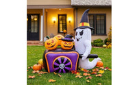 Bright Ghost Inflatable with Pumpkin Carriage Freestanding Halloween Inflatable with Witch Hat Festive Yard Decoration Cute for Lawn
