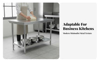 Easy to Clean 2-Tier Stainless Steel Table High Load Capacity Stainless Steel Prep Table Rust-Resistant Commercial Kitchen Worktable Multi-Purpose for Caterers, Restaurant Personnel, Homeowners, Bakery, Warehouse, Garage, Workshop