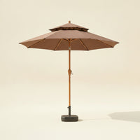 Patio Umbrella with Base UPF 50+ Two-Tiered Top Patio Umbrella Wood Look for Cafes, Backyard, Balcony, Camping
