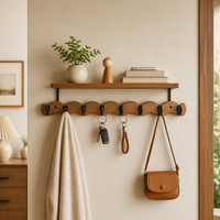 Mini Wall Mounted Coat Rack with Shelf, Brown Wood Key Holder Wall Mount, Wave Design Hallway Organiser Hooks, Screw-in Metal