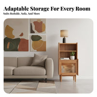 Solid Wood Legs Rattan Front Nightstand Woven Panel Rattan Door End Table Minimalist Design Bedside Cabinet Multi-Level Storage for Homeowners, Renters, Students, Bedroom, Home Office, Entryway