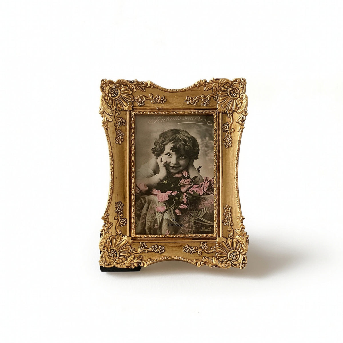 Ornate Carved Picture Frame Antique-Style Resin Photo Frame Gold-Toned Tabletop for Living Room, Bedroom, Entryway