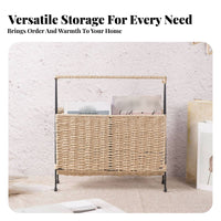 Straw-Woven Newspaper Stand Handwoven Woven Magazine Holder Japanese Design Theme Standing Book Basket for Living Room, Bedroom, Entryway