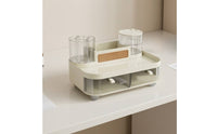 Desktop Storage Box with Rattan Insert Multi-Compartment Vanity Organizer with Two Compartments Rectangular Divided Makeup Bin for Bedside Table