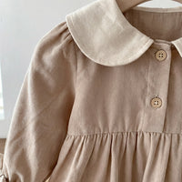 Girls Vintage Style Long Sleeve Dress Beige Cotton Linen Peter Pan Collar Frock Ruffled Hem Toddler Party Clothes for Easter Spring Photo Shoot