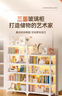 手办展示柜玻璃陈列柜桌面书本收纳箱盒谷子吧唧痛柜盲盒储物柜子 粉色-四门【80*35*148cm】