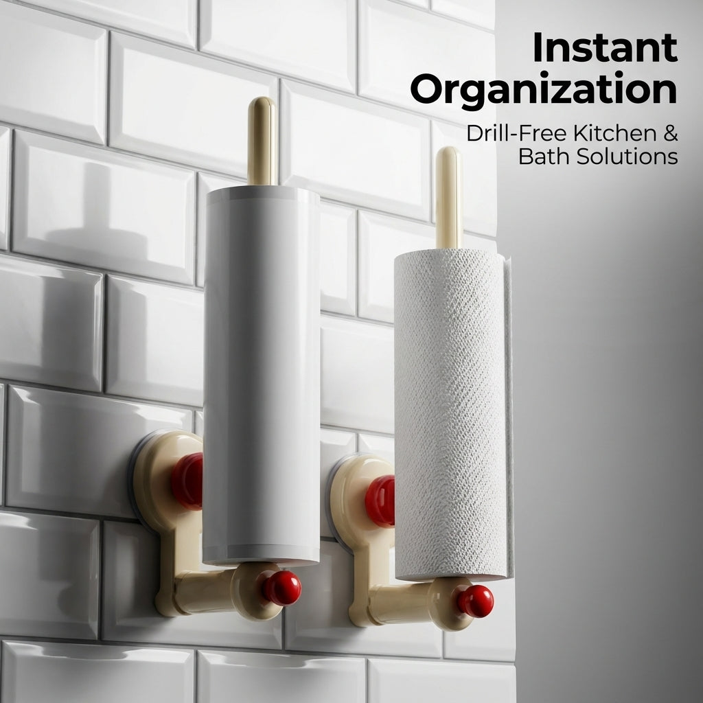 Metal Paper Dispenser and Wall Mounted Holder for Kitchen Organization, Suction Cup for Under Cabinet or Countertop Use