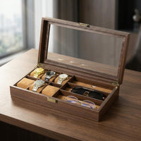 Watch and Glasses Box Wood-Grain Glass Lid Watch Box Scratch Protection