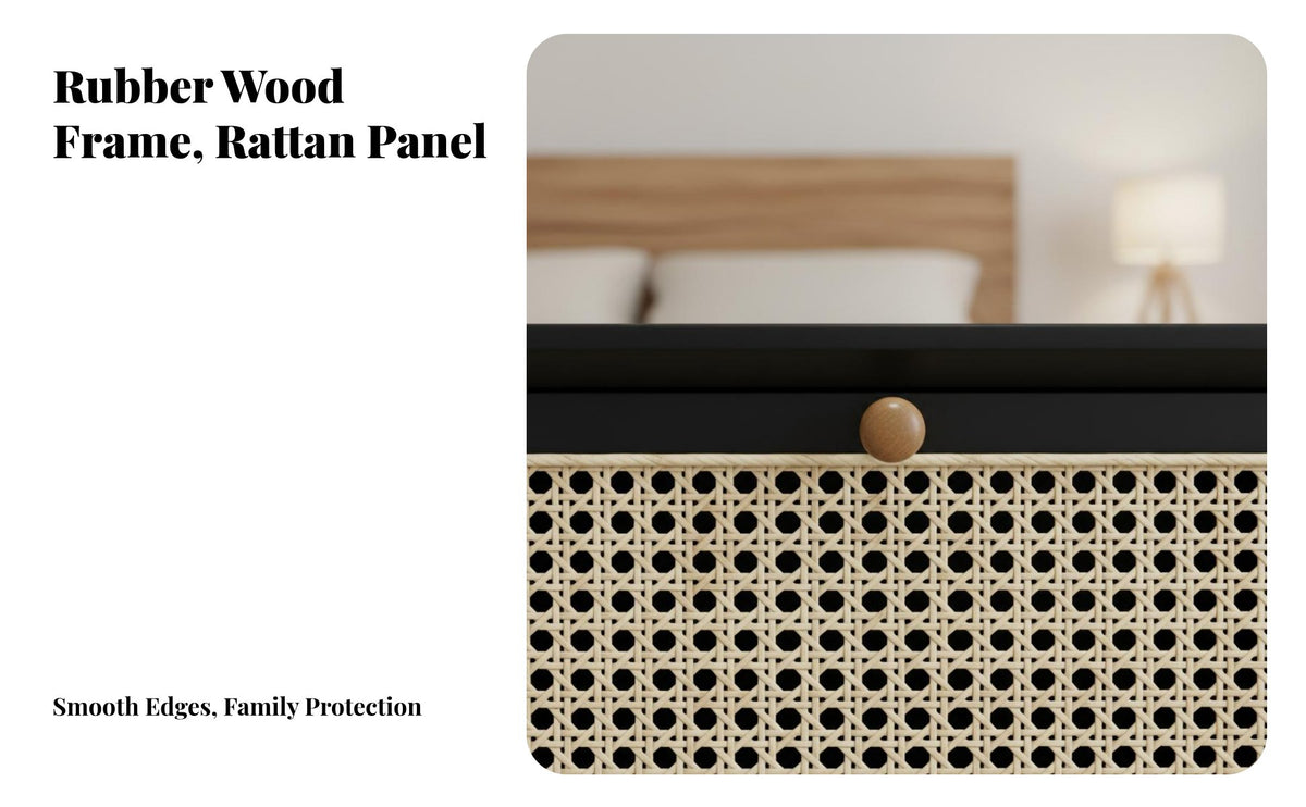 Minimalist Design Solid Wood Rattan Nightstand Sturdy Construction Nightstand with Drawers Easy Assembly 2-Drawer Bedside Cabinet Multi-Purpose for Homeowners, Students, Couples, Guest Room, Home, Hallway, Hotel