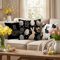Easter Cushion Covers 45x45cm, Soft Throw Pillow Cases with Modern Black and White Bunny Egg Print, Festive Spring Scatter Cushions for Sofa, Living Room & Home Decoration
