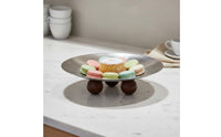 Metal Plate with Wood Spherical Feet Wooden Sphere Base Round Decorative Tray Artistic Centerpiece Cake and Snack Serving Dish for Kitchen Counter