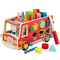 Wooden Bus with Push-Along Bus Shape Sorter Educational Wooden Shape Sorter for Young Children, Kids