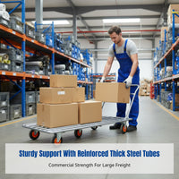 Folding Hand Cart, 6-Wheel Quiet Flatbed, Sturdy Iron Frame, Removable Fence, for Factory & Home Transport