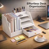 4+2 Desktop File Organizer with Drawer and Pen Holder, 3 Tier Document Sorter for Students, Multi Level Workspace Organization Rack
