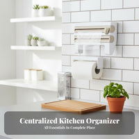 Space-Saving Design Multi-Roll Dispenser with Cutter Easy Assembly 4-in-1 Roll Holder Integrated Seasoning Shelf Kitchen Organizer for Household Chefs, Homeowners, Families, Pantry