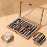 Wooden Pen Display Case with Glass Lid 10-Slot Pen Storage Box Transparent Desktop for Collectors, Enthusiasts, Desk, Office