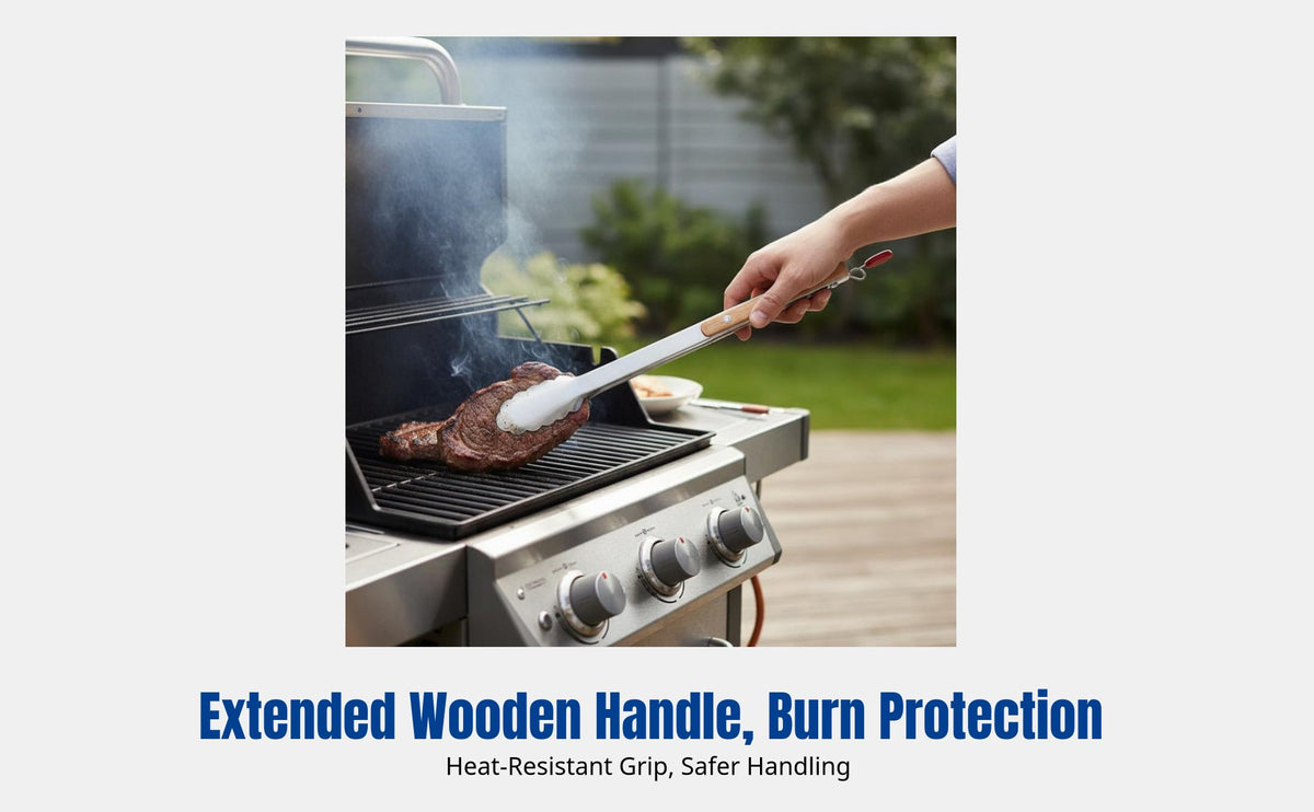 Stainless Steel Food Tongs, Wooden Handle, Heat Resistant, Korean Style, for BBQ, Bread, Steak