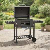 Briquette Grill with Warming Rack Adjustable Height Briquette Grill with Wheels Enamel-Treated Barbecue with Warming Rack for Backyard Cooks