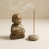 Carved Robe Folds Bronze Monk Candle Holder Polished Bald Head Seated Monk Figurine Compact Lotus Cup Statue Ornamental for Desktop