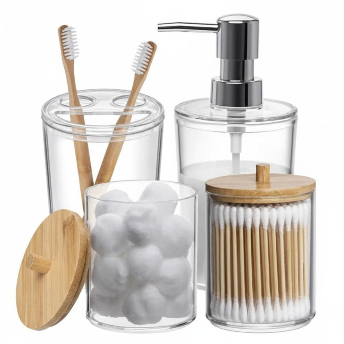 4 Pieces Transparent Design 4-Piece Dispenser and Jar Set Modern design Vanity Container Set Functional Countertop Organizer shockproofResistant for Makeup Users, Adults, Restroom