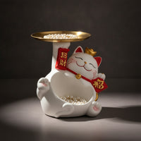 Double-Layer Storage Ornament Waving Cat Figurine Storage Tray Multifunctional Auspicious Cat Statue with Tray for Entryway Table, Vanity
