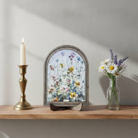 Wood Frame Plaque with Floral Print Freestanding Arched Table Decor Watercolor Tabletop Sign for Shelf, Mantel, Desk