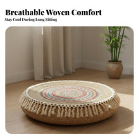 Natural Material Japanese Tatami Cushion Breathable Woven Tatami Cushion Tassel Fringe Design for Mindful Movement Practitioners, Adults