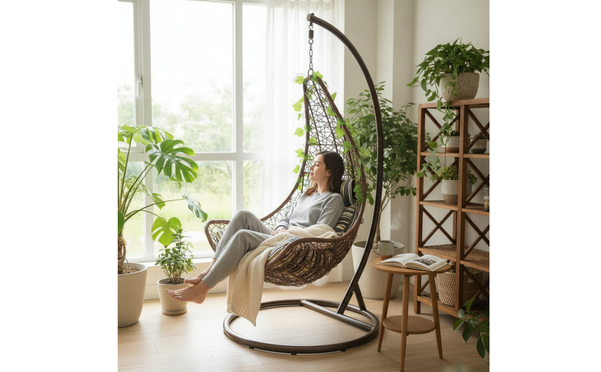Teardrop-Shaped Hanging Swing Chair with Stand Indoor Swing Chair with Stand Woven Furniture Freestanding for Adults, Readers, Balcony, Living Room, Sunroom