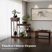 Traditional Asian Aesthetic Oriental Aesthetic Pedestal Floor-Standing Tall Oriental Accent Table with Drawer Sturdy Construction Plant Stand 2-Tier Design for Homeowners, Interior Decorators, Art Enthusiasts, Living Room, Balcony, Bedroom, Entryway