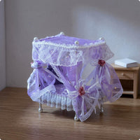 1:12 Scale Dollhouse Canopy Bed Ruffled Four-Poster Bed Ribbon Ties Miniature Furniture