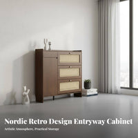 Retro Design Rattan Tip-out Shoe Cabinet Unrestricted Standing Storage Furniture Space-Saving Design Large Capacity for Homeowners, Apartment Dwellers, Families, Entryway, Hallway, Mudroom, Living Room