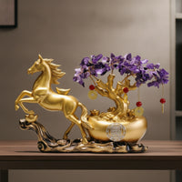 Horse Figurine with Money Tree Feng Shui Horse Statue with Wealth Vessel Good Luck for Homeowners, Collectors, Living Room, Entryway