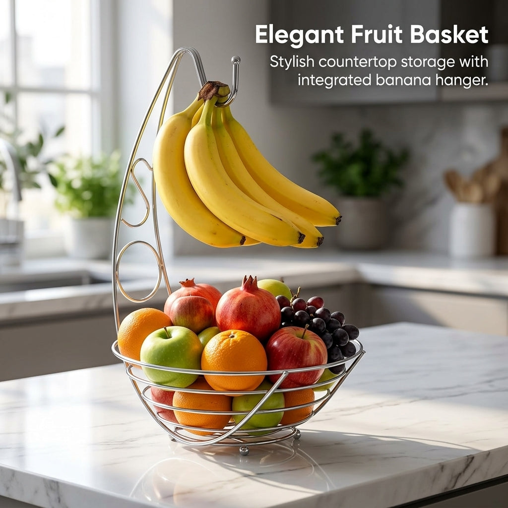 Fruit Bowl with Banana Hanger for Kitchen Countertop, Metal Wire Basket with Perforated Design for Air Circulation