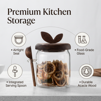 Glass Storage Jar with Wooden Spoon, Clear Glass Food Container for Tea Coffee Beans, Airtight Pantry Storage for Dry Ingredients