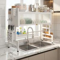 Over Sink Shelf Dish Rack, 2 Tier Carbon Steel Kitchen Sink Organiser and Drainer, Modern Design Aesthetic Saving Kitchen Tool