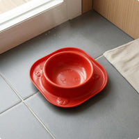 Glossy Feline-Face Bowl Rounded Corners Square Feline Bowl Paw Details Pet Dish