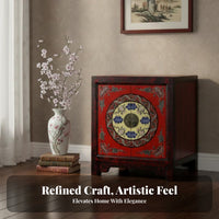 Chinese design Painted Oriental Cupboard Distressed Finish Sideboard Floral Design emphasize Cabinet Vintage visual appeal for Antique Collectors, Art Lovers, Interior Designers, Bedroom, Dining Room, Hallway, Entryway