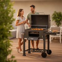 Briquette Grill with Warming Rack Adjustable Height Briquette Grill with Wheels Enamel-Treated Barbecue with Warming Rack for Backyard Cooks