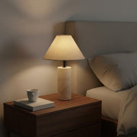 Retro Design Travertine Table Lamp Textile Lampshade Stone Base Desk Lamp for Bedroom, Living Room, Office