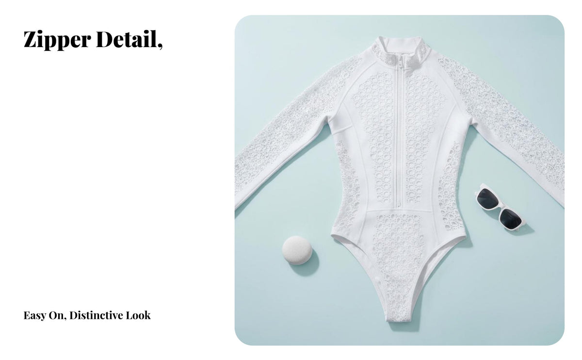 Long Sleeve Zip up Swimsuit Quick-Drying Front Zip Single Piece women's Wave-Riding Ing Suit Breathable Material White Mesh