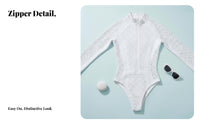 Long Sleeve Zip up Swimsuit Quick-Drying Front Zip Single Piece women's Wave-Riding Ing Suit Breathable Material White Mesh