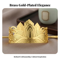 Chinese Design Hair Crown Wave and Mountain Design Ponytail Cuff with Stick Metal Hair Bun Holder Gold-Plated Metal Bun Holder