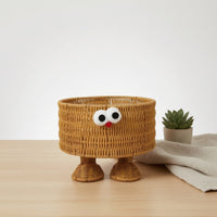 Decorative Woven Basket with Face Rattan Wicker Storage Bin Natural Open-Top for Children, Desktop, Bedroom, Bedside Table