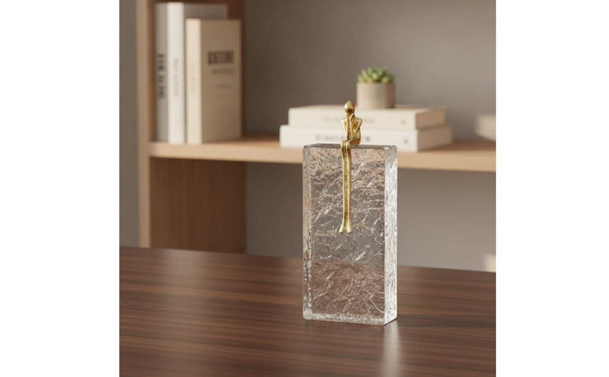 Transparent Cube Sculpture with Figure Clear Tabletop Sculpture Gold Statue for Office